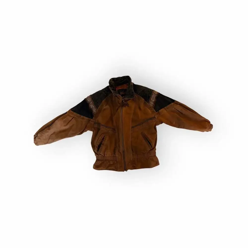 Vintage Winlit Genuine Leather Suede Southwestern Bomber Jacket Brown - Picture 2 of 14